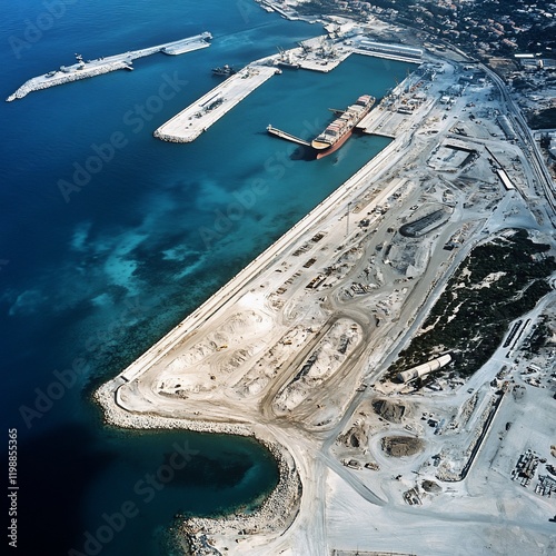 Aerial View of a Coastal Industrial Port and Turquoise Waters photo