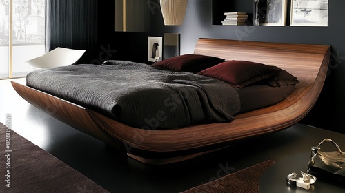 Modern Minimalist Walnut Wood Platform Bed photo