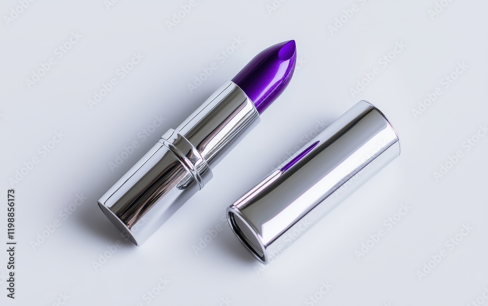 One bright purple lipstick with a shiny silver case, placed on a white background One bright purple lipstick with a shiny silver case, placed on a white background