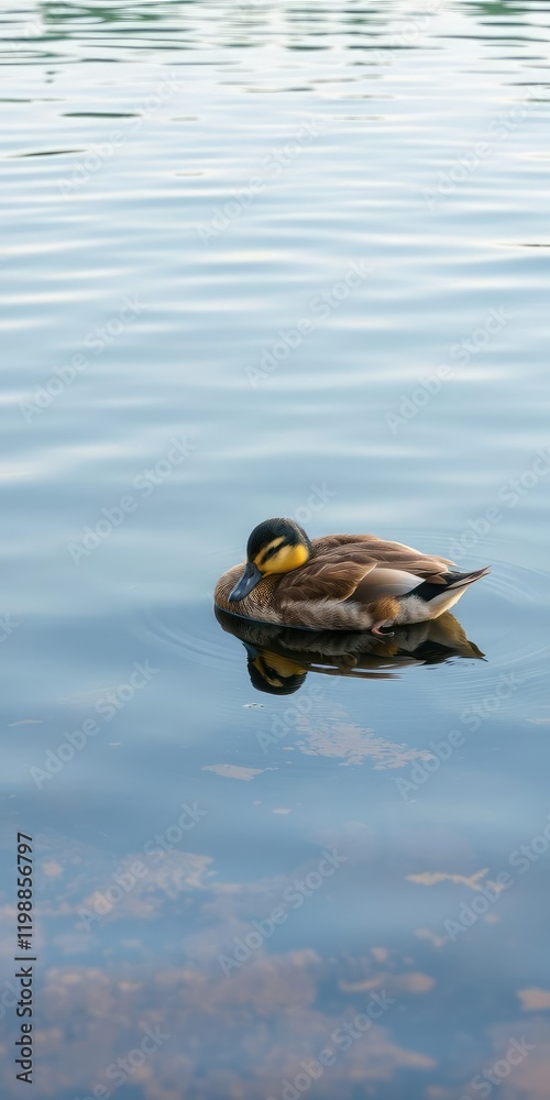 A peaceful little duck taking a nap on the tranquil edge of a calm lake, animal, feathers A peaceful little duck taking a nap on the tranquil edge of a calm lake, animal, feathers
