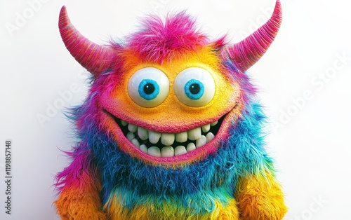 Friendly colorful monster with small horns and a big smile, isolated on a white surface