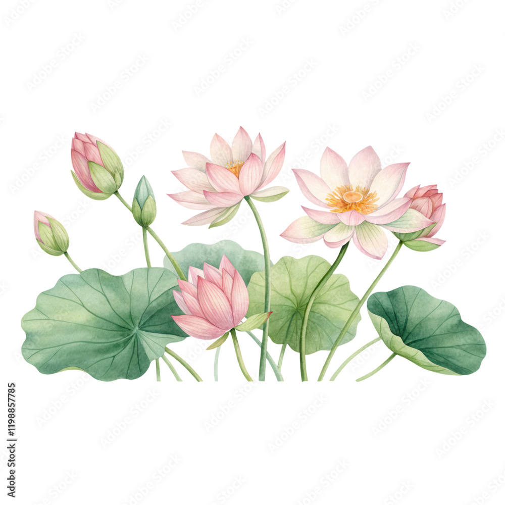 A serene arrangement of lotus flowers in various stages of bloom, accompanied by lush green leaves. A serene arrangement of lotus flowers in various stages of bloom, accompanied by lush green leaves.