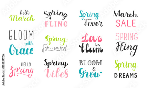 Spring quotes hand drawn calligraphy lettering set. Springtime phrases in pink green blue script. Decoration elements for banner posters covers card. Hello March, bloom with grace and other.