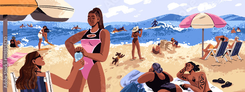People are at sea resort banner. Tourists have fun at sand beach, sunbathing on shore, swimming in ocean, surfing on waves. Characters relaxing on coast on summer vacations. Flat vector illustration