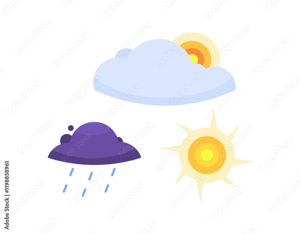weather concept. illustration of sunny, rainy and cloudy weather symbols. sun shining, sun behind clouds, dark clouds and rain falling. flat style design. elements weather concept. illustration of sunny, rainy and cloudy weather symbols. sun shining, sun behind clouds, dark clouds and rain falling. flat style design. elements