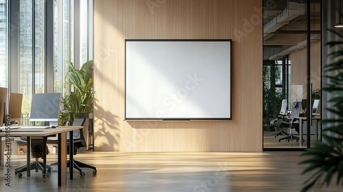  A mockup of an empty whiteboard in the center, standing on a wall inside a modern office with wood paneling and glass windows.