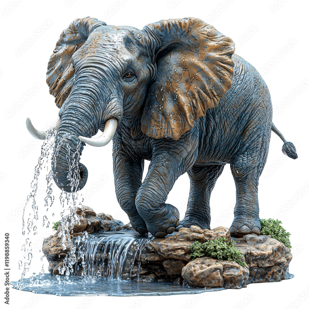 Fototapeta premium A realistic elephant sculpture with water flowing, set on rocks.
