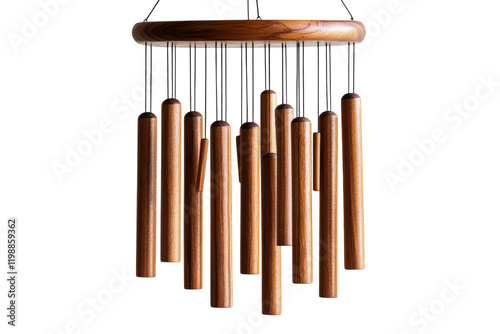 Decorative wooden wind chime hanging in a well-lit indoor space with natural wood tones