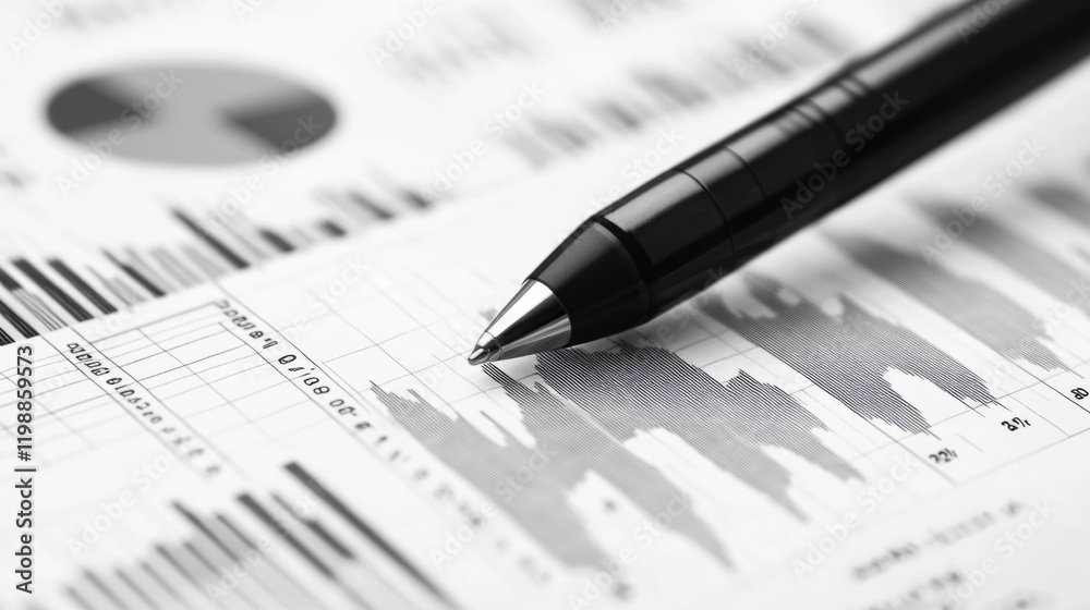 Black pen on financial graphs and charts Black pen on financial graphs and charts