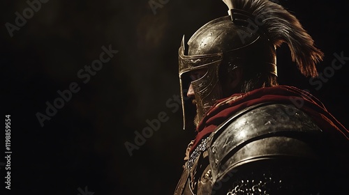 An ancient warrior in full armor with a crest helmet standing stoically in a stark minimalist setting under dramatic lighting photo