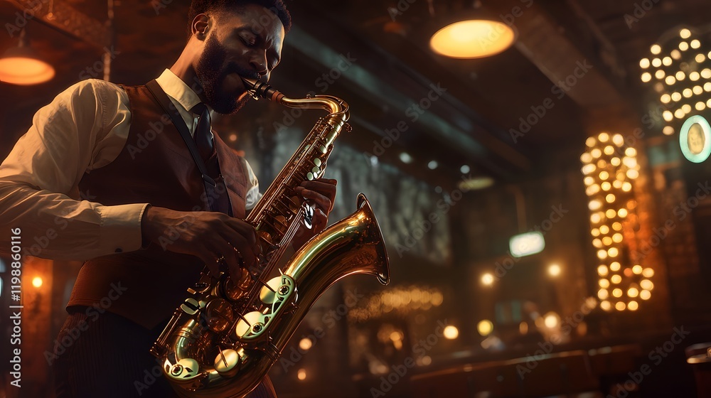 Obraz premium A Man Plays Saxophone in a dimly lit Jazz Club