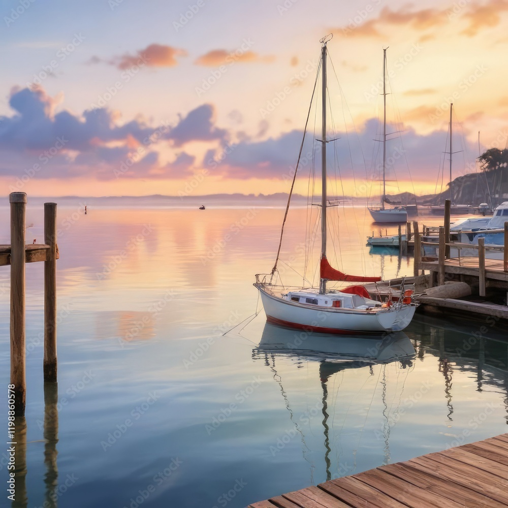 A small sailboat moored at the pier with a few boats in the background of the watercolor painting, boats, sailing A small sailboat moored at the pier with a few boats in the background of the watercolor painting, boats, sailing