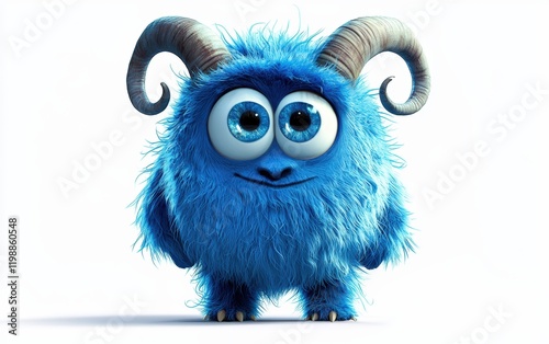 funny Fluffy bright monster with horns and big blue eyes, cartoon charachter standing on a bright white background