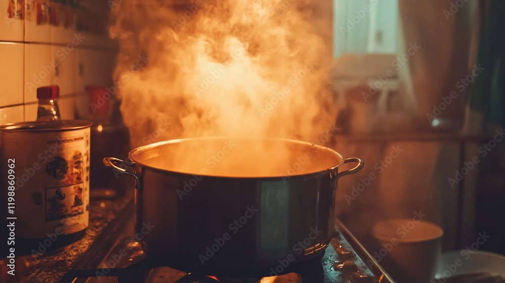 Steaming Pot on a Stovetop: A Culinary Scene Steaming Pot on a Stovetop: A Culinary Scene