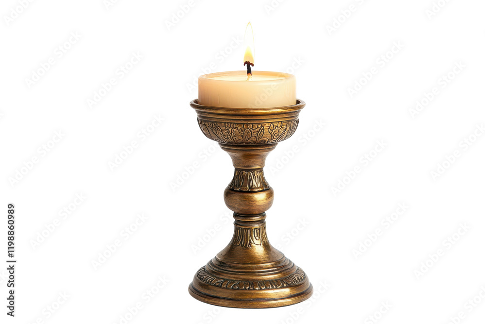 Elegant brass candle holder with lit candle creating a warm ambiance in a cozy setting Elegant brass candle holder with lit candle creating a warm ambiance in a cozy setting