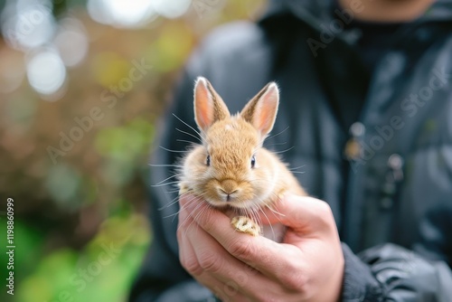 A man joyfully holding a bunny in Easter celebration ambiance photo