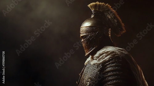 A stoic warrior in ornate armor with a crest helmet standing in dramatic light against a plain minimalist backdrop