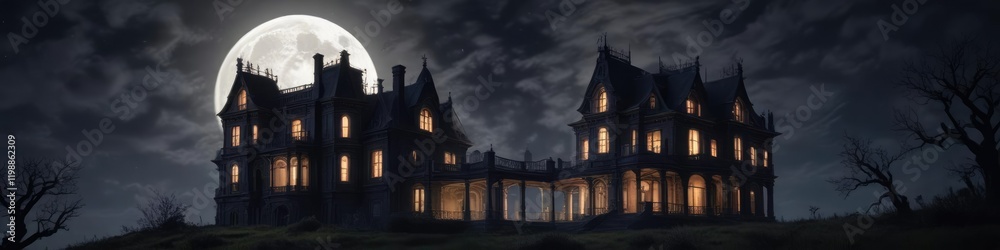 Naklejka premium A spooky mansion on a hill with a full moon casting an eerie glow over its dark and abandoned facade, full moon, eerie, architectural
