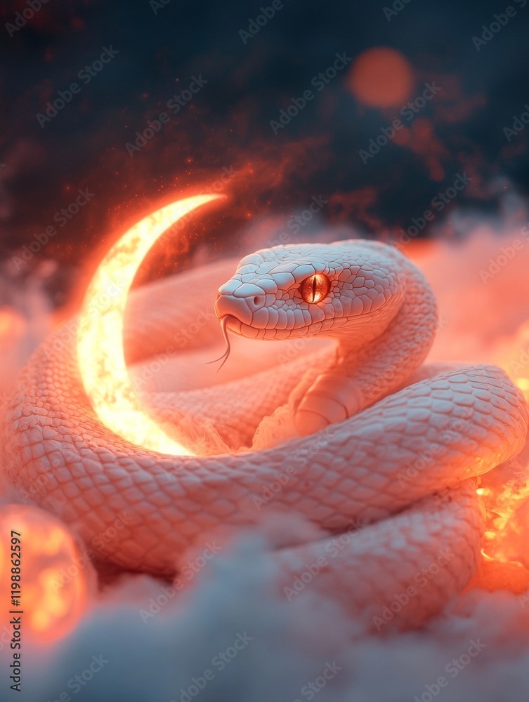 Fototapeta premium Cosmic Ramadan Elegance Realistic Snake Art Coiled with Glowing Crescent Amid Lanterns - Luxury Design and Cultural Anthropology for Festival Merchandising