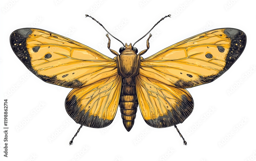 Obraz premium Bright yellow bug with detailed wings, cartoonish design, isolated on a clean white background