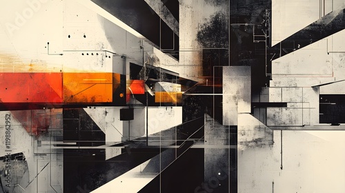 Abstract Geometric Composition Featuring Orange and Grey Tones