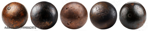 Collection and variation of a group of rusty metal cannonballs or spheres, 18th century, isolated on white or transparent background. Png. Generative Ai.