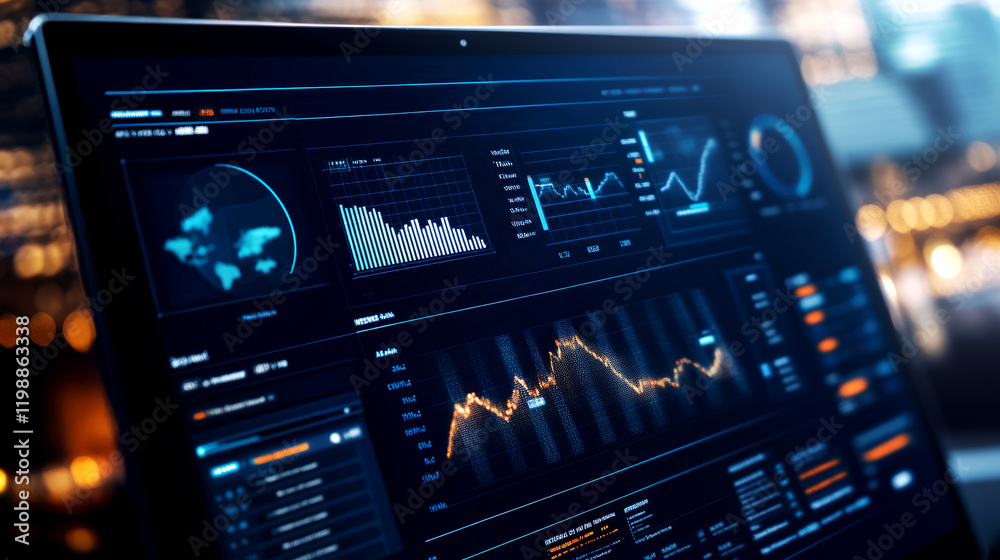 Naklejka premium Real-time data management dashboard analysis urban office environment interactive data visualization professional insights