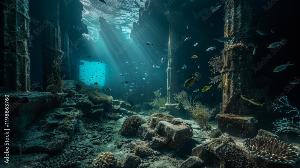 Obraz premium Underwater Scene of Marine Life Thriving Among Ancient Ruins