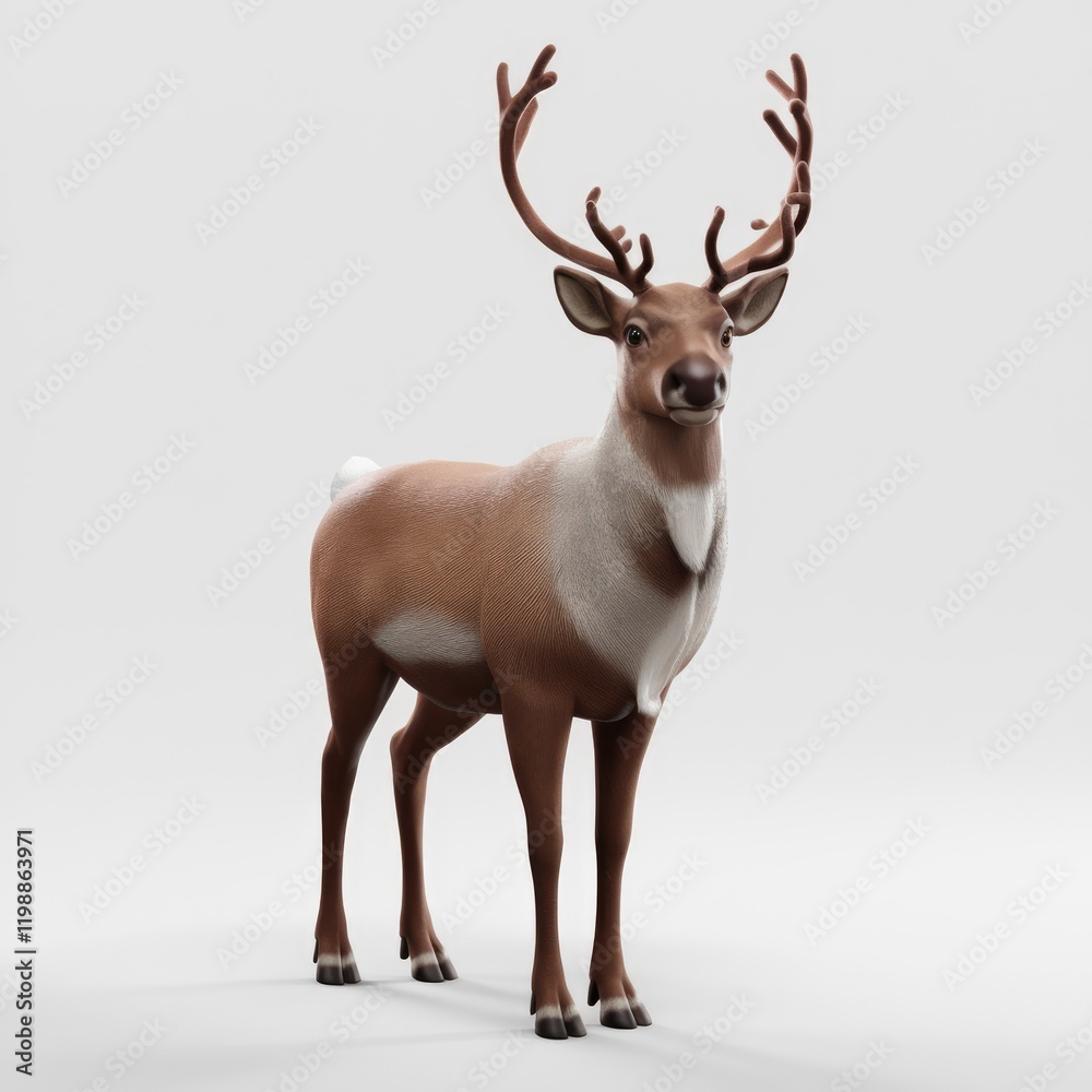 A majestic reindeer with large antlers stands gracefully, showcasing its brown fur and white underbelly. A majestic reindeer with large antlers stands gracefully, showcasing its brown fur and white underbelly.