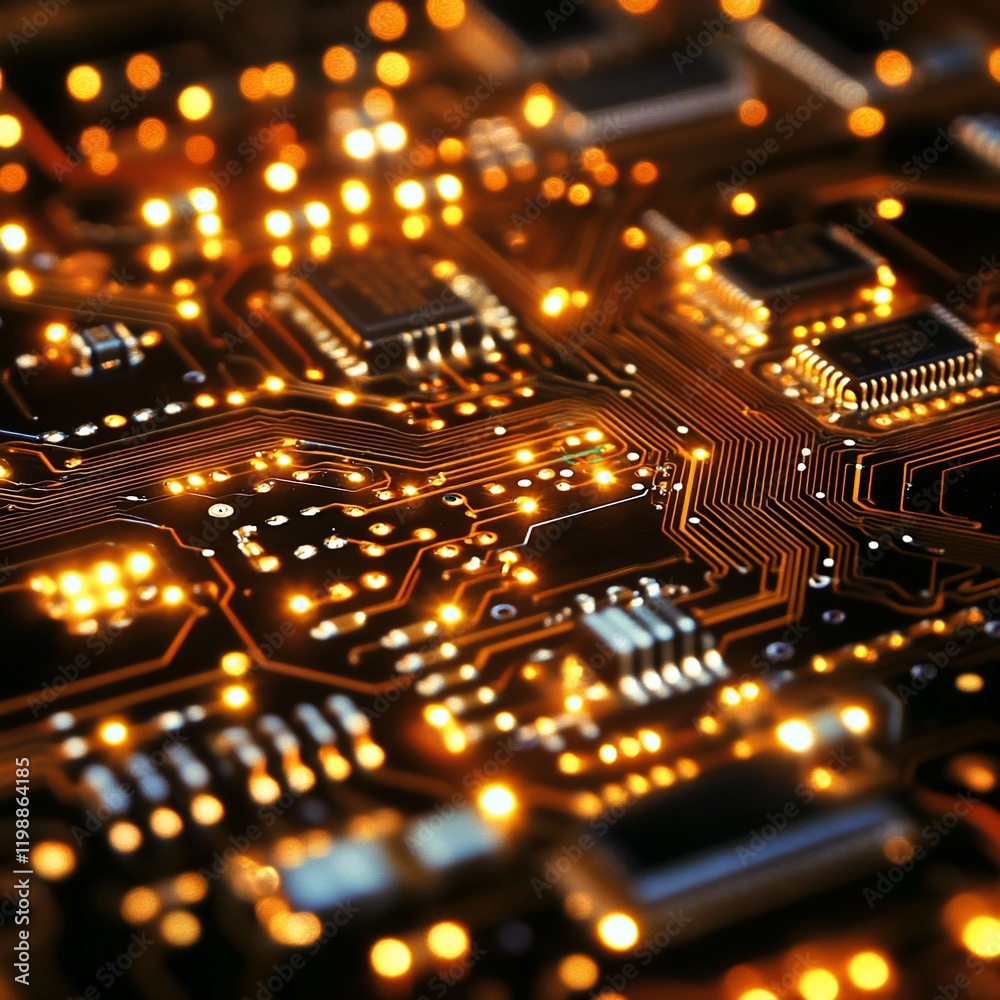 Obraz premium Illuminated Circuit Board: A Glowing Tapestry of Technology