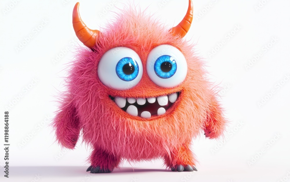 Naklejka premium Fluffy pink monster with bright orange horns and big blue eyes, standing on a bright white background