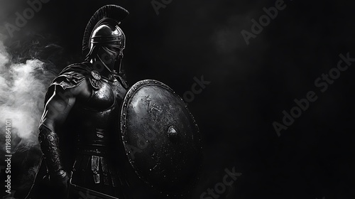 Spartan warrior holding a shield and sword, black and white armor glistening, black background and thin white smoke