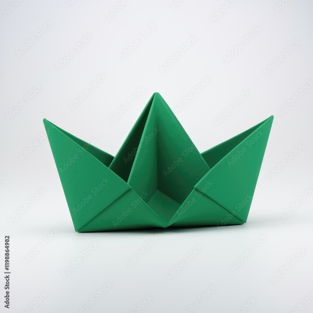 A meticulously folded green origami boat, a classic paper craft. A meticulously folded green origami boat, a classic paper craft.