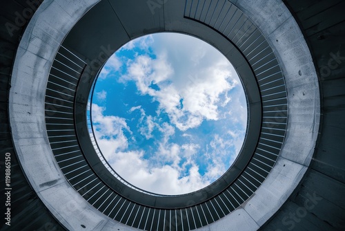 Captivating spiral structure leading upward to circular opening under natural lighting.