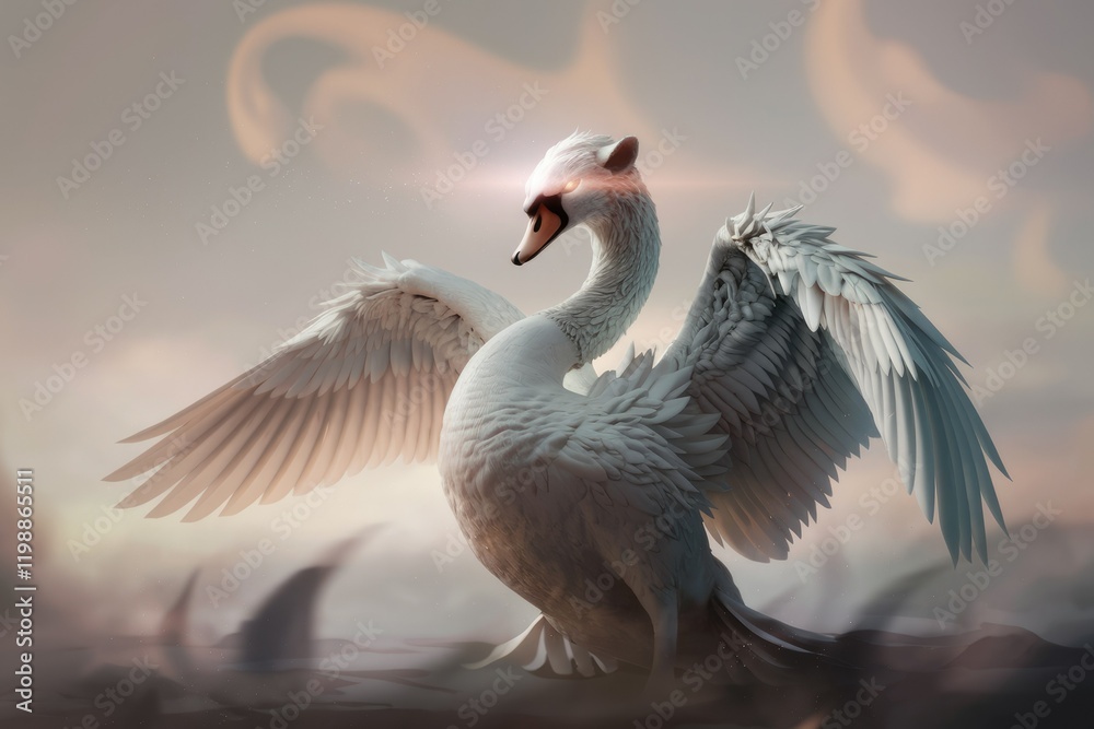 Fototapeta premium A majestic swan with angelic wings, bathed in ethereal light, evokes a sense of serene power and mythical grace.