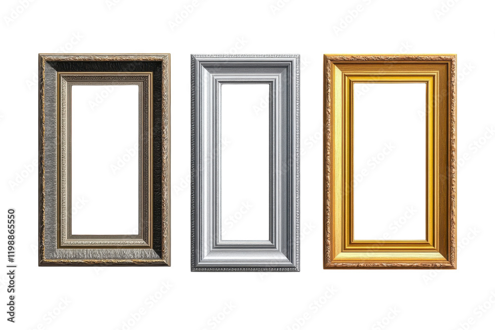 Three empty picture frames on a white background showcasing different ornate styles and colors for artistic display Three empty picture frames on a white background showcasing different ornate styles and colors for artistic display
