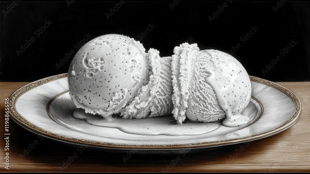 Two scoops of vanilla ice cream melting on an elegant plate. Two scoops of vanilla ice cream melting on an elegant plate.