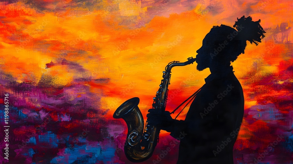 Obraz premium Saxophonist Silhouette Against Vibrant Sunset Sky