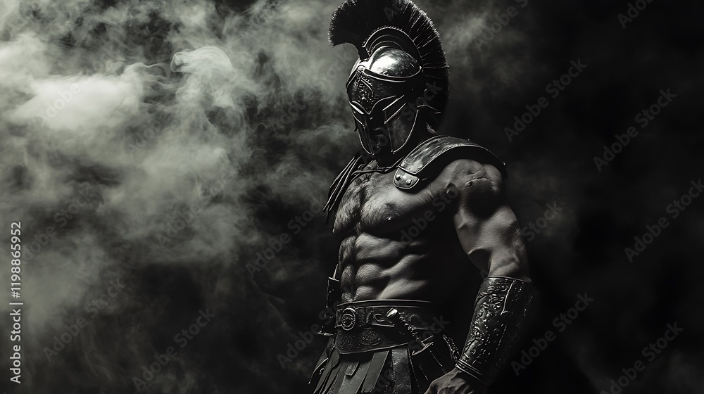 Spartan warrior in a defensive stance, clad in black and white armor, black backdrop and faint white smoke Spartan warrior in a defensive stance, clad in black and white armor, black backdrop and faint white smoke