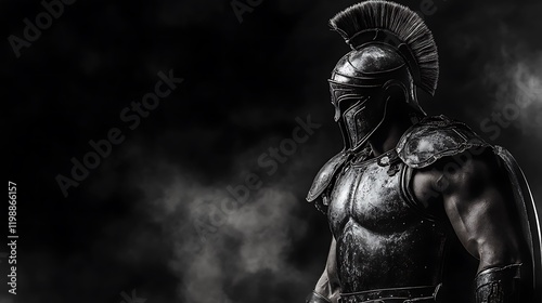 Spartan warrior standing guard, black and white armor highlighted, with a black background and a slight white smoke effect