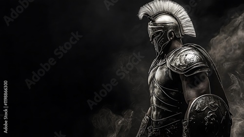 Spartan warrior standing guard, black and white armor highlighted, with a black background and a slight white smoke effect photo