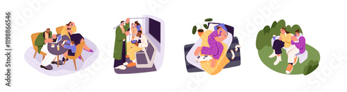 Set of addicted from smartphones people. Men, women with gadgets obsession scrolling social media, networks, news. Characters surfing Internet with phone. Flat isolated vector illustrations on white
