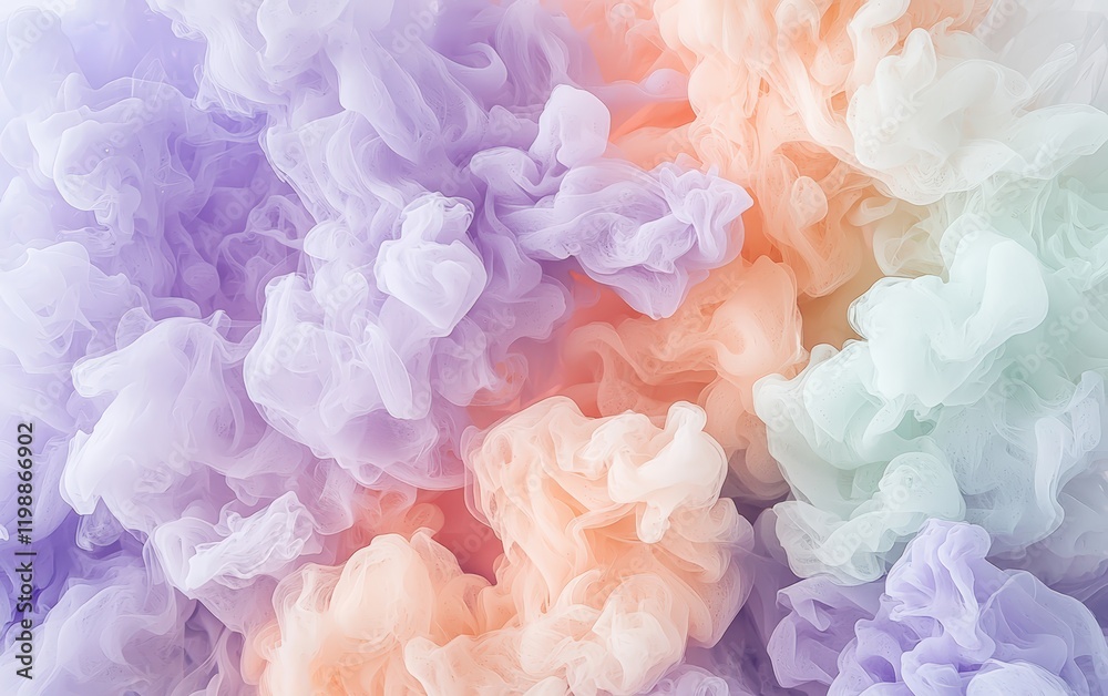 Fototapeta premium Soft pastel-colored smoke in shades of lavender, peach, and mint, gently swirling on a white background