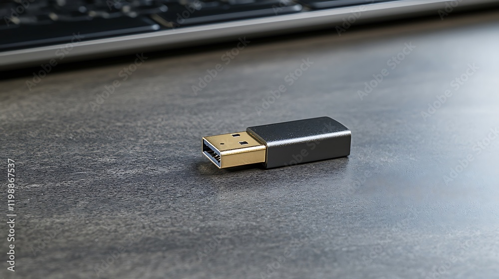 USB-C adapter on desk, keyboard background, data transfer USB-C adapter on desk, keyboard background, data transfer