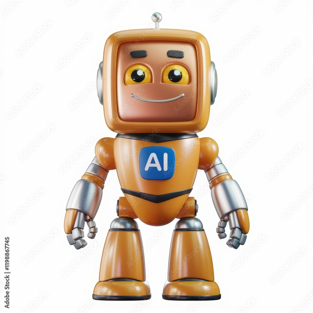 A cute, orange AI robot with a friendly face and metallic arms. A cute, orange AI robot with a friendly face and metallic arms.