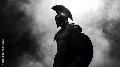 Spartan warrior standing in silhouette, black and white armor highlighted, dark background with light white smoke