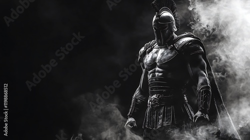 Spartan warrior standing tall and proud, black and white armor shining, with a black background and faint white smoke