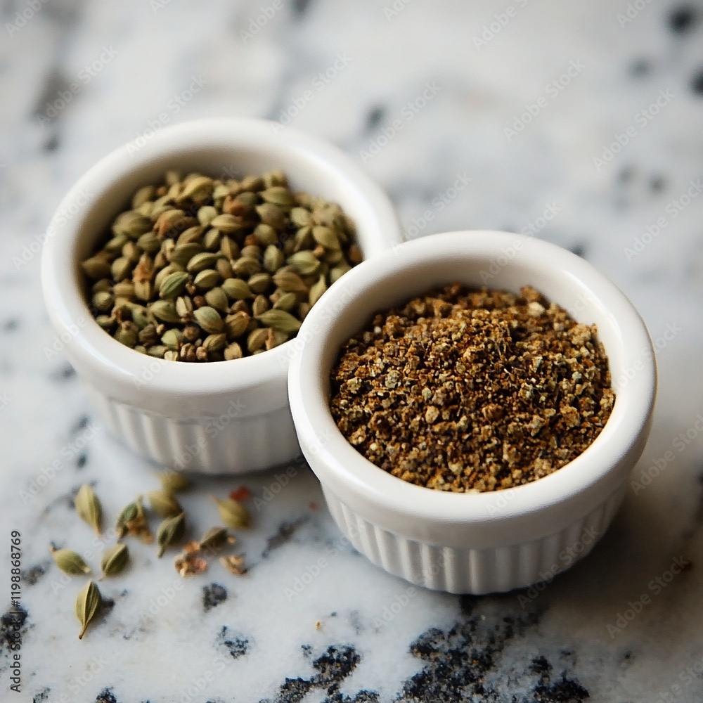 Two Bowls of Aromatic Spices: Coriander Seeds and a Ground Spice Blend Two Bowls of Aromatic Spices: Coriander Seeds and a Ground Spice Blend