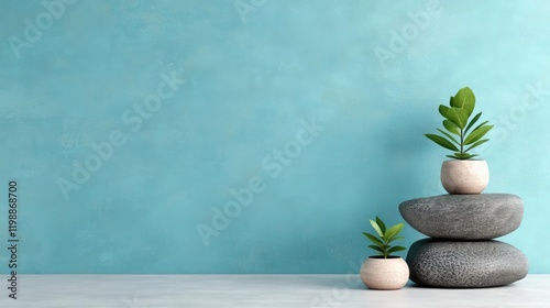 Serene plants on stones, blue wall background; calm, minimalist home decor
