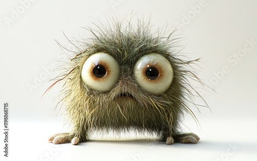 Whimsical small monster with a furry texture and wide eyes, sitting on a white backdrop